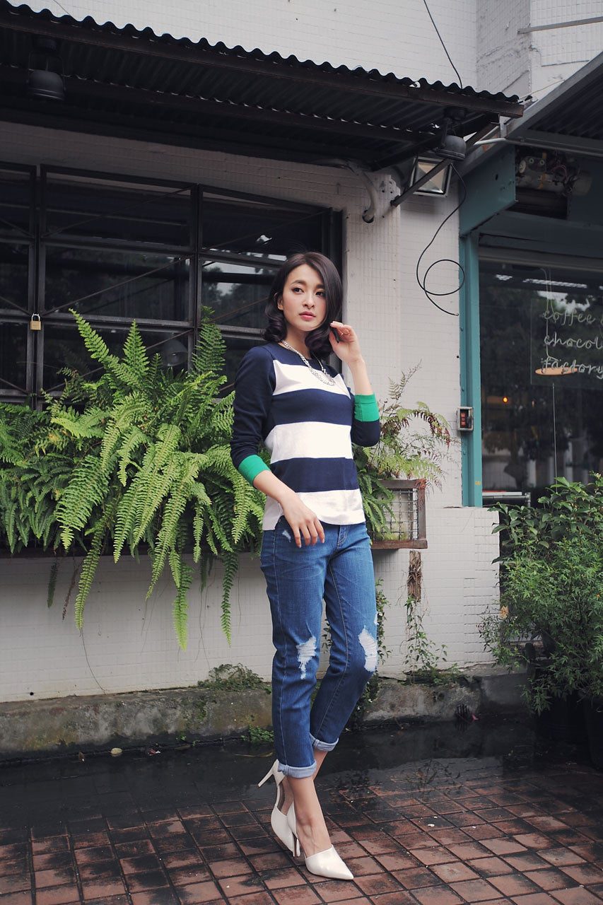 破損感窄型男友褲