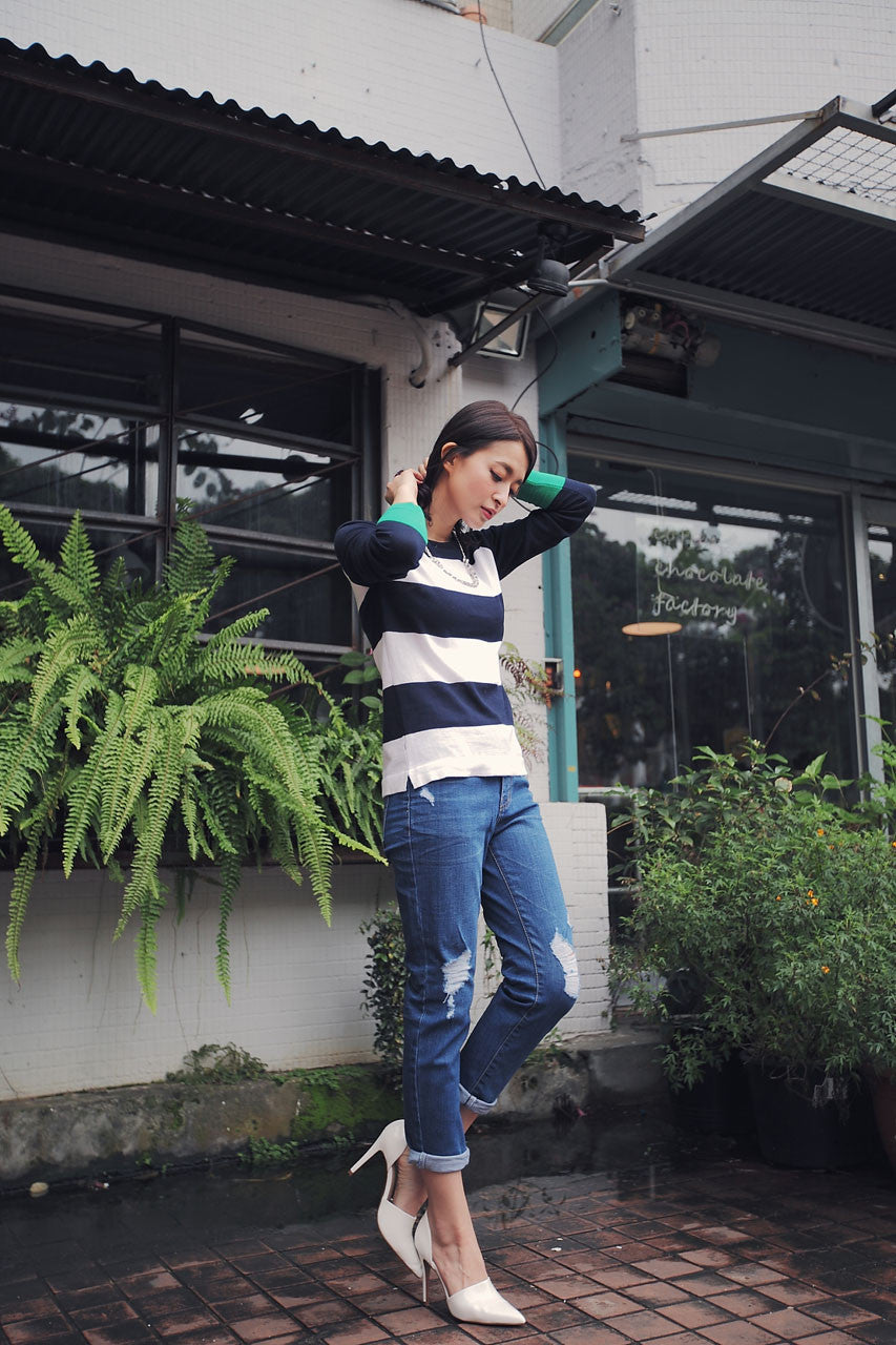 破損感窄型男友褲