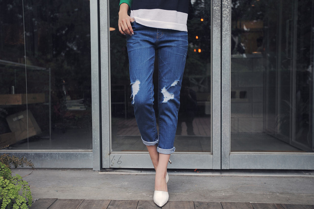 破損感窄型男友褲