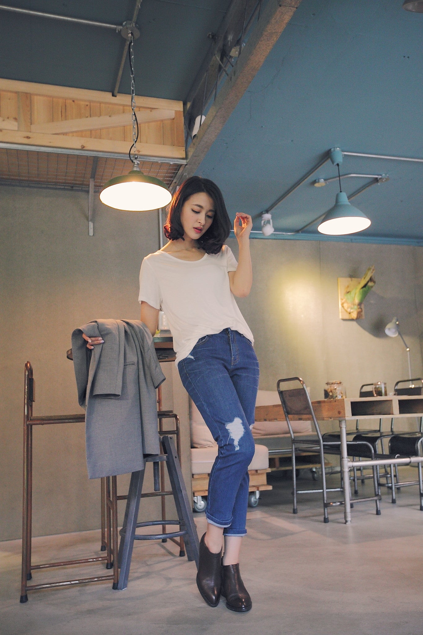 破損感窄型男友褲