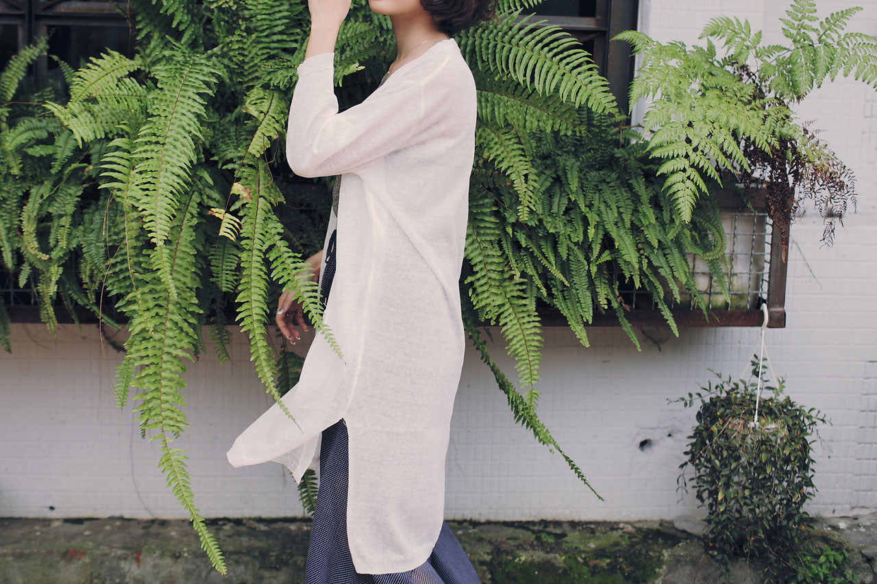 白色薄透寬鬆七分袖針織外套