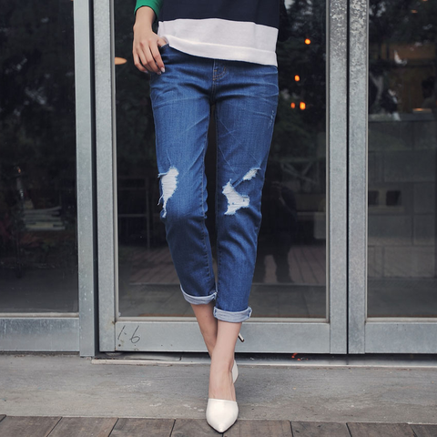 破損感窄型男友褲