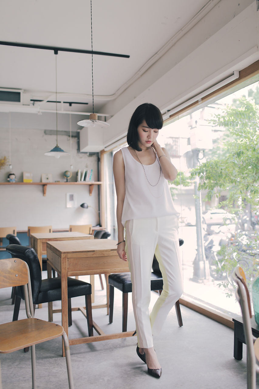 三色拼接打褶褲(黃)