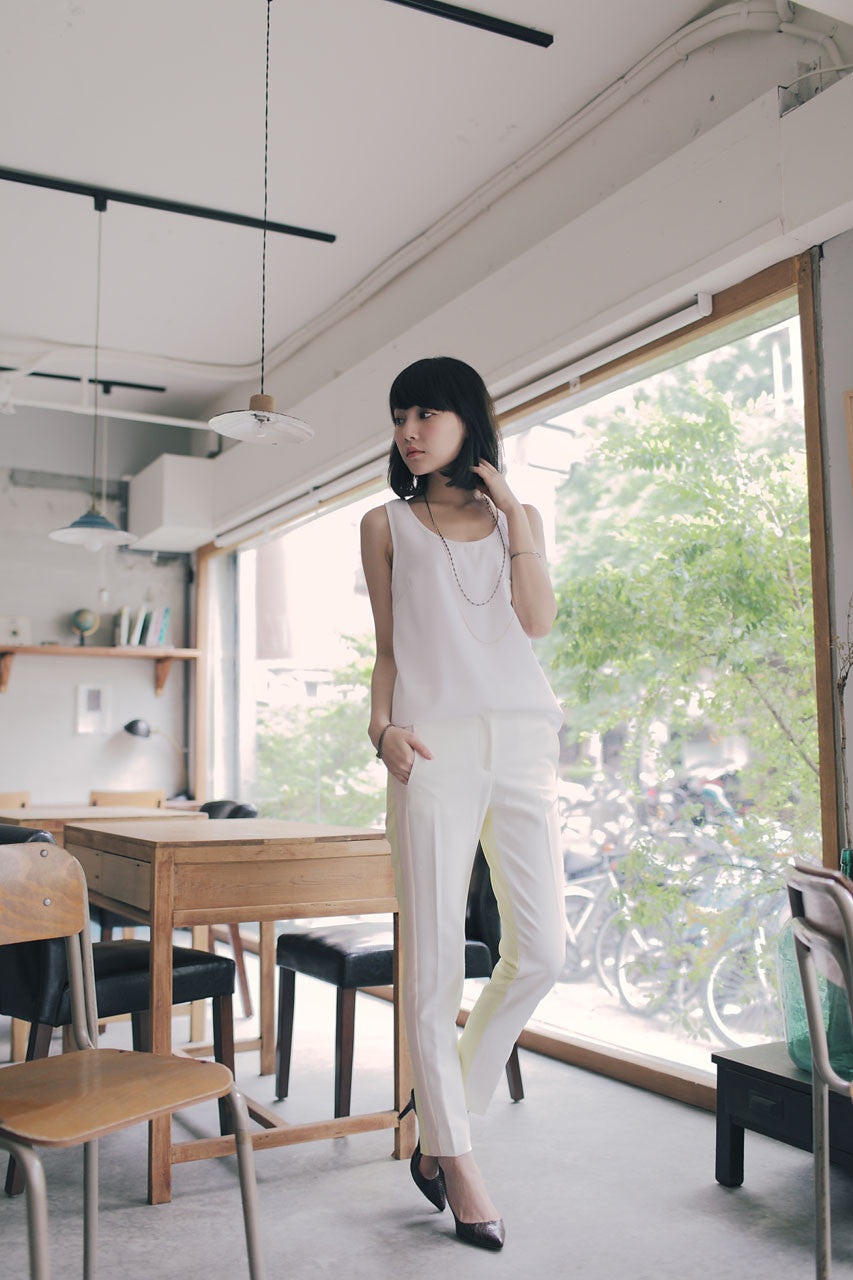 三色拼接打褶褲(黃)