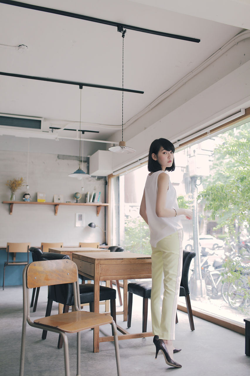 三色拼接打褶褲(黃)