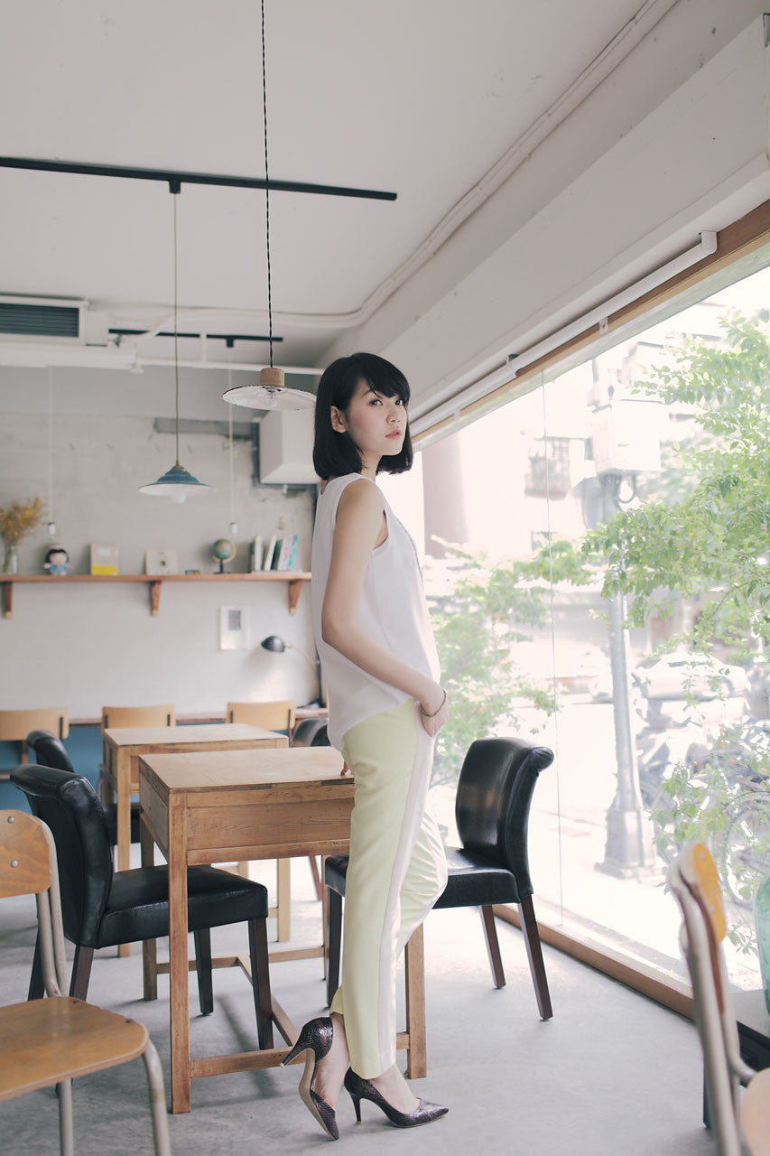 三色拼接打褶褲(黃)