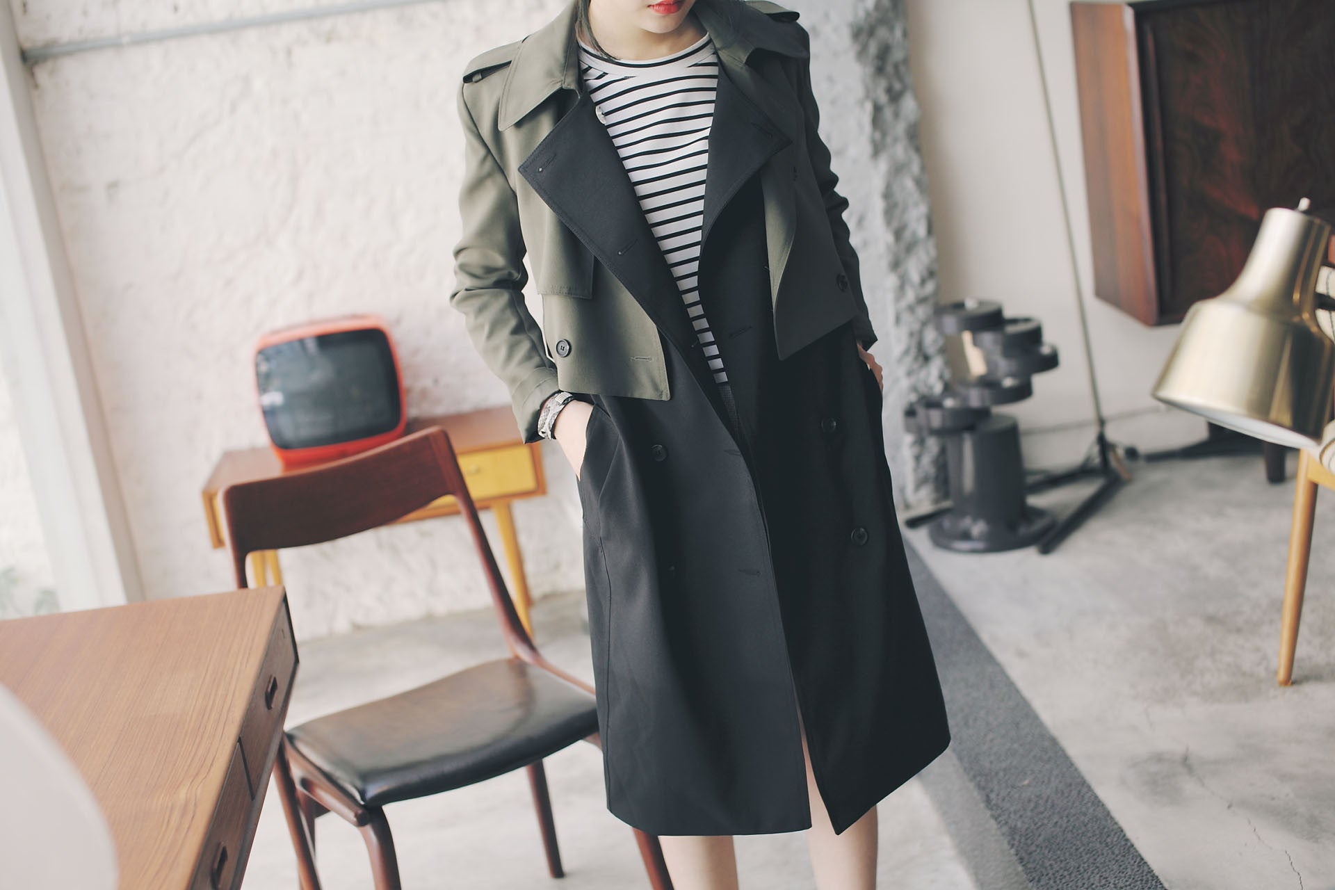 4Way撞色挺版風衣-綠/黑