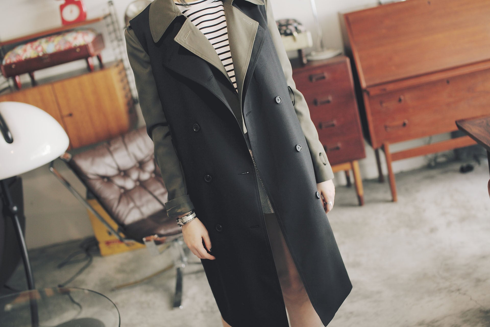 4Way撞色挺版風衣-綠/黑